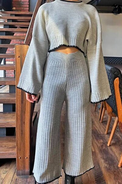 hiraz fashion Women's Gray Shepherd Stitch Double Knitwear Set