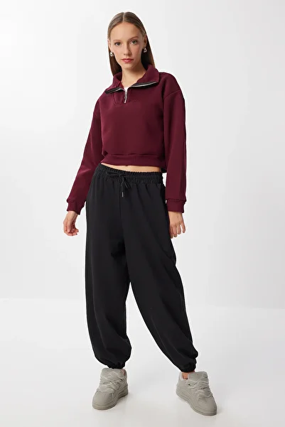 Lovelyİstanbul Turtleneck Zippered Ribbed Knitted Sweatshirt Lzv0026 Burgundy