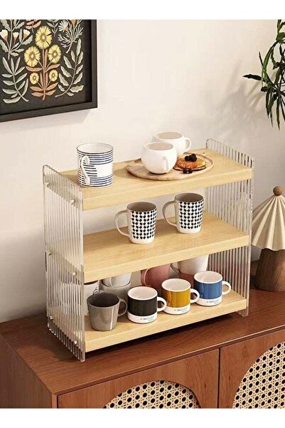 Generic C&C Home 4 Tiers Kitchen Pantry Storage Cabinet Modern Acrylic and Wood Sideboard 2 Sliding Striped