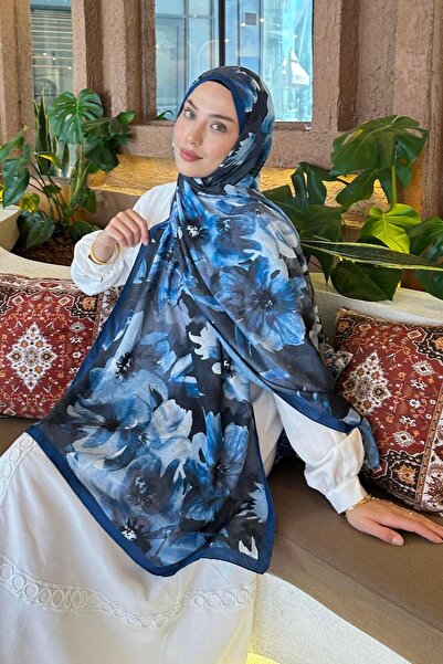 lamelif شال من الخيزران بنمط زهور باللون الأزرق الليلي