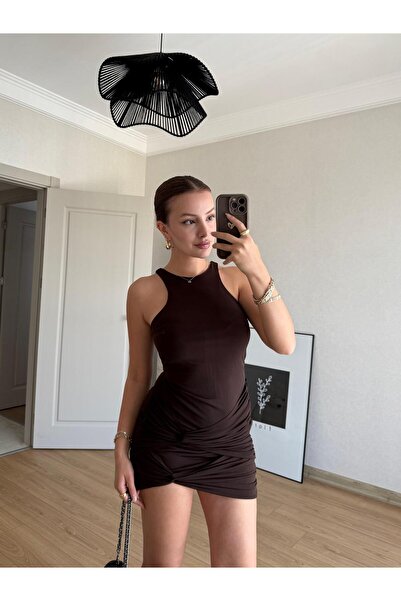 BAŞARAN Brown knot detailed mini dress