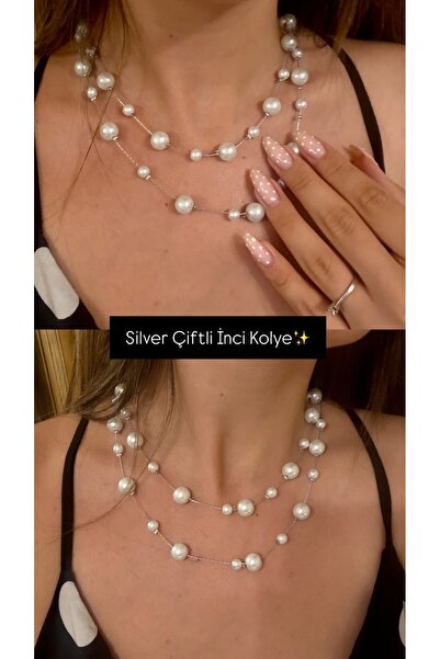 Laquila Jewellery Gümüş Renkli Zincir İnci Kolye Çiftli