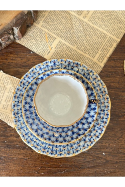 LOMONOSOV Antique Imperial Porcelain Russian Network Pattern Cobalt Blue White Gold Double Coffee Trio Set of 3