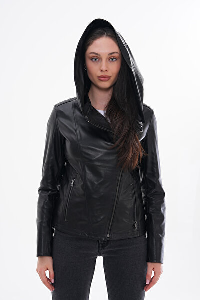 Genel Markalar Kadın Siyah Fermuarlı Kapüşonlu Hakim Yakalı Deri Mont Ceket-Ç...