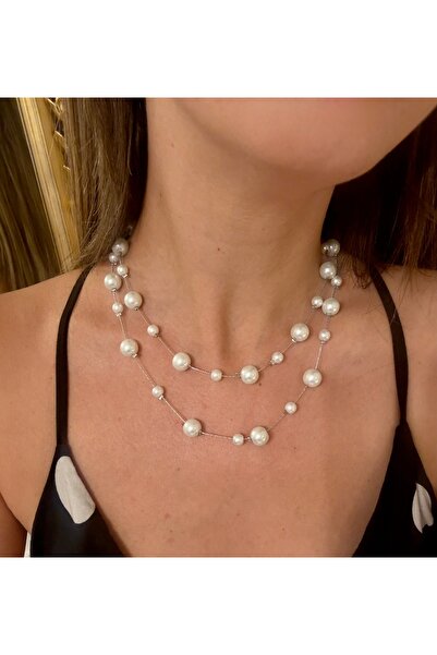 Laquila Jewellery Gümüş Renkli Zincir İnci Kolye Çiftli