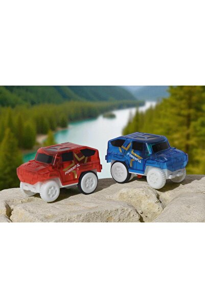 e-life shop Magic Tracks Uyumlu 2’li LED Işıklı Oyuncak Jeep Arabası Seti – Karanlıkta Parlayan Ray Arabaları