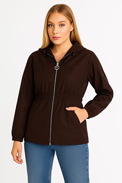 enmodaiçgiyim Καφέ αδιάβροχο γυναικείο παλτό |   Μπουφάν με κουκούλα με λεπτομέρεια με κορδόνια – Δύο τσέπες