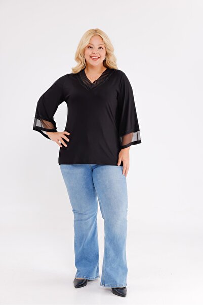 Siyezen Plus Size Spanish Sleeve Tulle Detailed Blouse