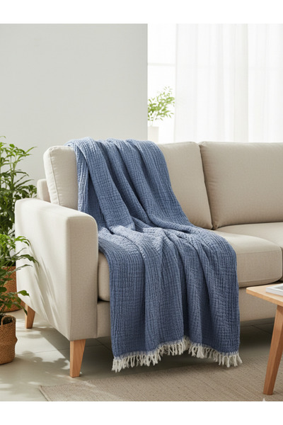 uraltaytowel Mavi %100 Pamuk 4 Katlı Müslin Dekoratif Koltuk Şalı/TV Battaniyesi/Pike/Yatak Örtüsü 240x260 cm