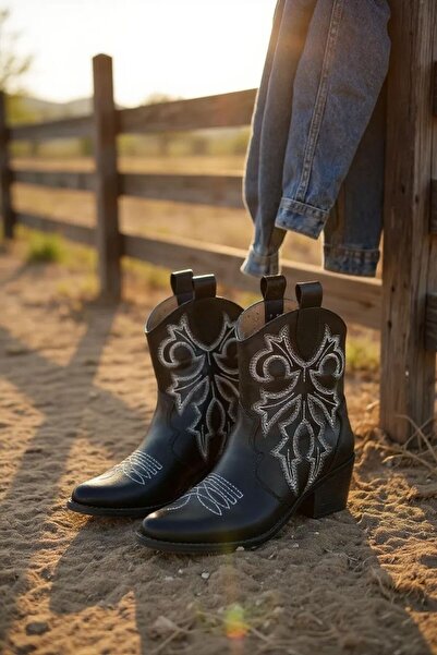 yezy shoes Manesta Kadın Nakışlı Kısa Topuklu Rahat Kovboy Bot