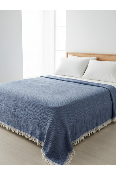 uraltaytowel Mavi %100 Pamuk 4 Katlı Müslin Dekoratif Koltuk Şalı/TV Battaniyesi/Pike/Yatak Örtüsü 240x260 cm