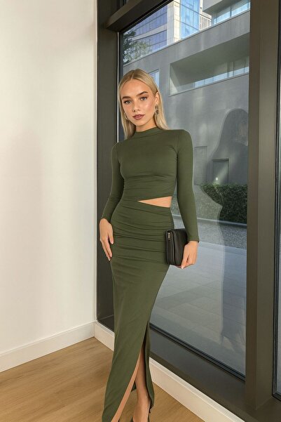 VINTIQUE 3949-Yırtmaç Detaylı Uzun Kollu Asimetrik Kesim Elbise