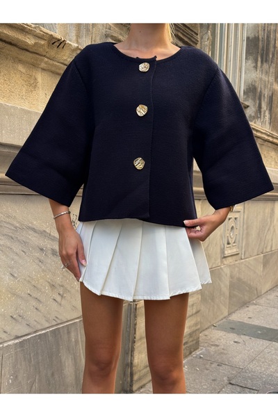 B2K FASHION Women's Navy Blue Poor Sleeve Gold Button Detailed Jacket Cardigan