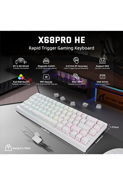 Attack Shark X68PRO HE RGB 8000Hz Kablosuz Rapid Trigger - Snap Tap 0.01mm Manyetik Switch Klavye