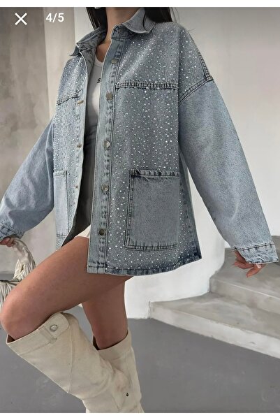 MADAMMERY Taşlı Parlak Mavi Kadın Kot Ceket/ Tasarım Denim Oversize Kot Mont