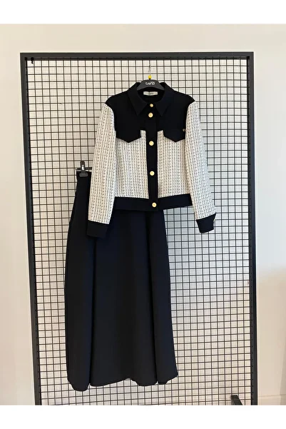 Armine TREND New Season Plaid Patterned Buttoned Jacket with Pockets and Zippered Skirt Top and Bottom Set