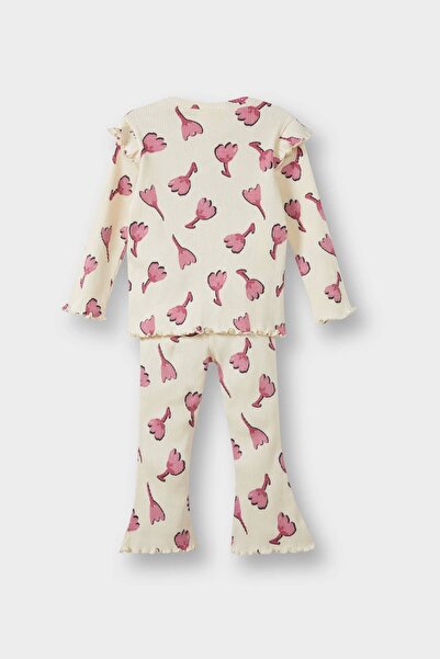 DeFacto F3714 Ecru Baby Girl 2-Piece Set Floral Ribbed Camisole Sweatshirt Flared Leggings