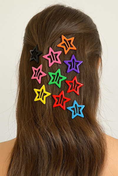 Pretty 10’lu Karışık Renk Yıldız Şeklinde Saç Tokası Seti (4 cm )