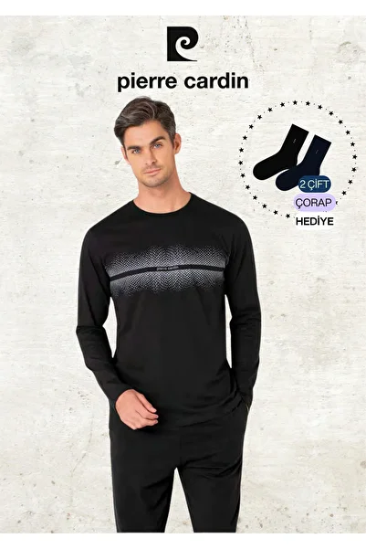 Pierre Cardin Men's 100% Cotton Long Sleeve Patterned Black Pajama Set (2 Gift Socks) L1.Pc.6102.001