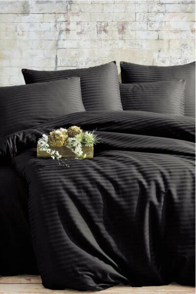 HAPPY COTTON طقم غطاء لحاف مزدوج مخطط من قطن الساتان بنسبة 100% باللون الأسود