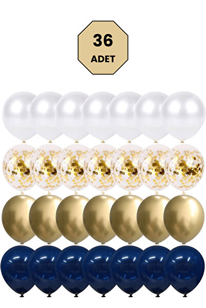 Bunloon Gece Mavisi Gold Beyaz Balon Seti 36 Adet – Pastel, Metalik, Krom, Şe...