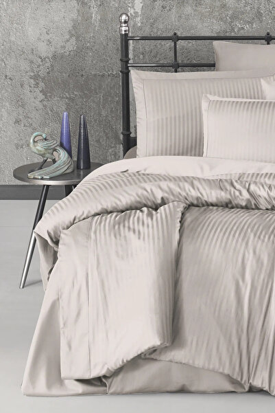 HAPPY COTTON طقم غطاء لحاف مزدوج مخطط من قطن الساتان بنسبة 100%، لون كريمي