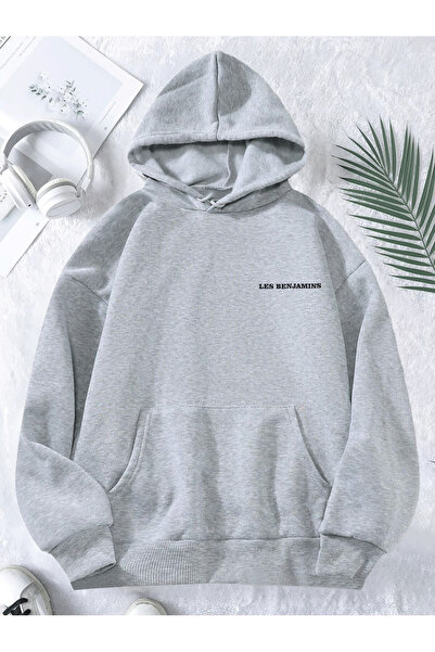 Vestiti Hanorac supradimensionat cu glugă, unisex, gri cu text minim