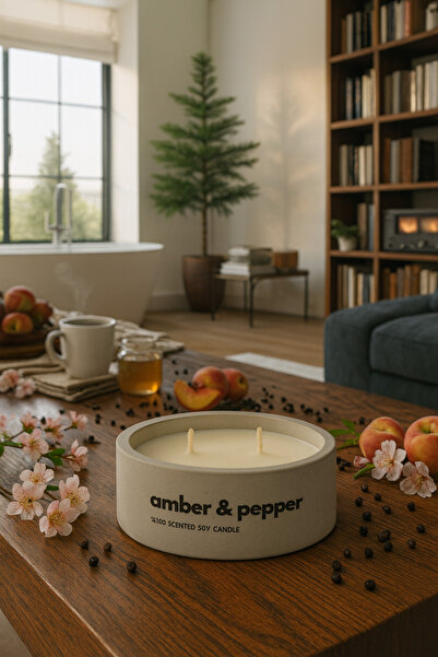 Dekoratif El Yapımı Yatay Mum : Çift Fitilli : Kokulu Soya Mum : Amber & Pepper