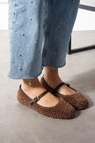 MUFUMA Premium Kürklü Kadın Babet Ayakkabı Kahve