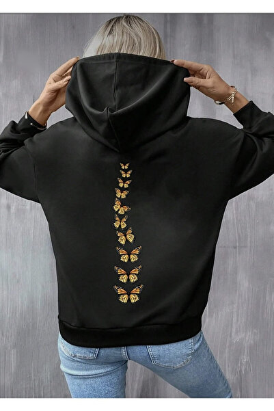 Vestiti Φούτερ Unisex Μαύρη Πίσω Πεταλούδες με στάμπα με κουκούλα Oversize