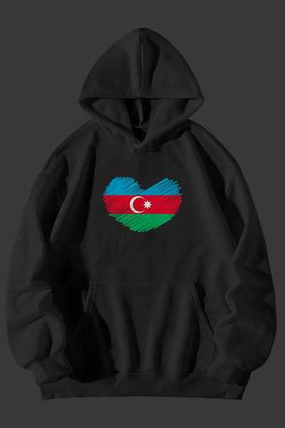 Vestiti Hanorac oversize negru cu steagul Azerbaidjanului, cu glugă, panglică...