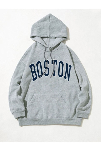 Vestiti Hanorac oversize cu imprimeu Boston gri, cu glugă de iarnă