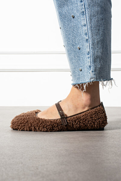 MUFUMA Premium Kürklü Kadın Babet Ayakkabı Kahve