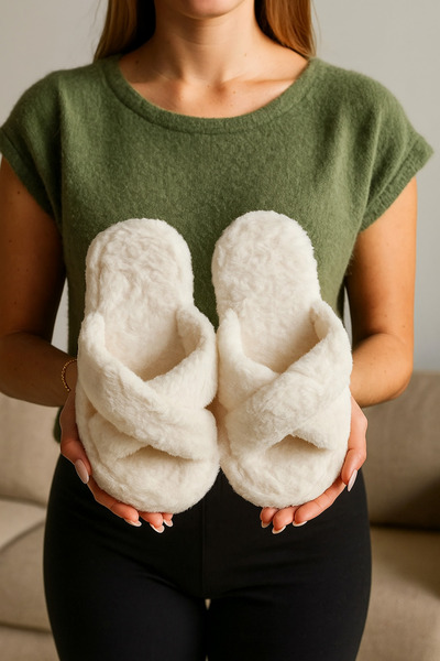 FootFrenzy Cross-Strapped Plush Women's Winter Soft Home Slippers with Lightweight Sole