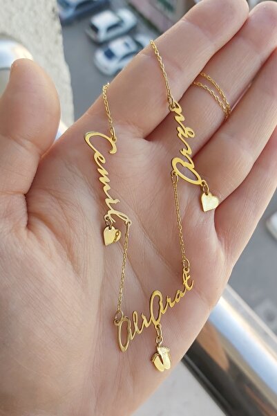 ÖZGÜR TAKI 925 Ayar Gümüş 24 Ayar Altın Kaplama 3 İsimli Kalpli Kolye