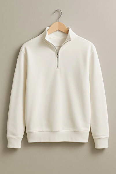 LC Waikiki Premium Plus Üç İplik Şardonlu Özel Seri Yarım Fermuar Erkek Sweatshirt Beyaz