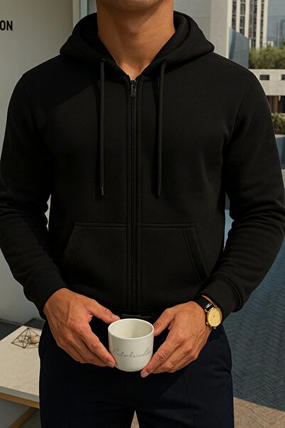 LC Waikiki سويت شيرت رجالي بأكمام طويلة وقلنسوة وسحاب أمامي - مريح باللون الأسود