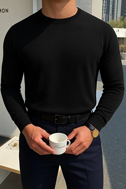 LC Waikiki سويت شيرت رجالي بأكمام طويلة ورقبة دائرية باللون الأسود