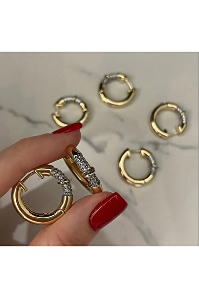 FASHİON JEWELRY Altın Kaplama İki Renk Taş Detaylı Küpe Kararmaz 14K Rengindedir 2cm