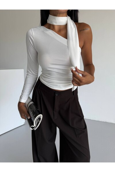 UMYAL Women's Blouse • One Shoulder • Scarf Collar • Sandy Fabric • Stylish and Modern White Long Sleeve Design