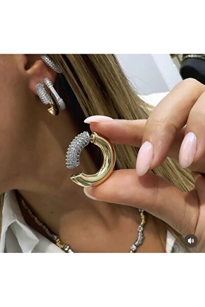 FASHİON JEWELRY Altın Kaplama İki Renk Çift Taraflı Küpe Kararmaz 14K Rengindedir 2.5cm