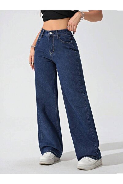 geenz manifacture Cante Kadın Lacivert Salaş Likralı Yüksek Bel Bol Paça Kot Pantolon Palazzo Jeans