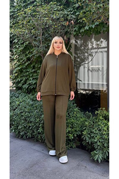 Butik Nilyam Women's Plus Size Flexible Judge Collar Cardigan and Sweatpants Set with Pockets 24901