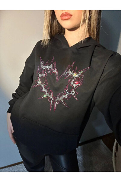 Violon Taş İşlemeli Gothic Heart Desenli Siyah Kapüşonlu Sweatshirt