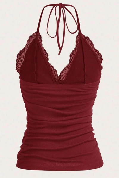 Violon Bordo Dantelli Halter Yaka V Yaka Bağlamalı Crop Bluz