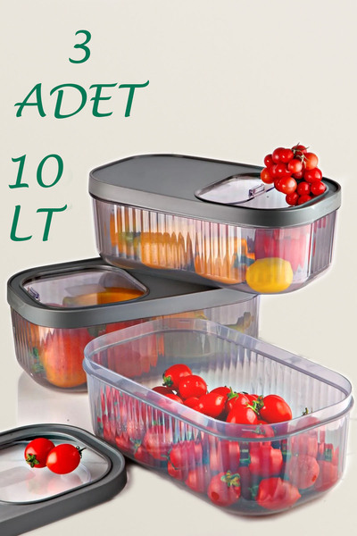 EVONİTA 3'lü 10 Litre Deterjan Tablet Saklama Çizgili Kutusu- Kayar Kapaklı Erzak Bakliyat Kabı