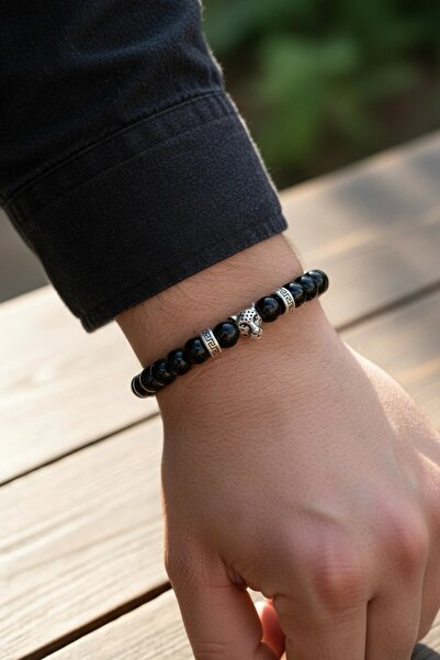 PRVT Black Stone Men's Bracelet with Panther Figure - Flexible Misinal Design...