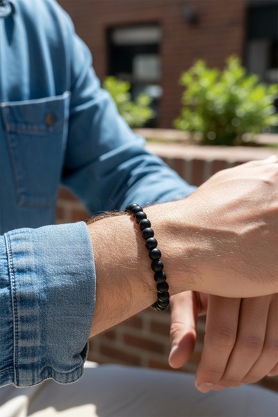 PRVT Matte Black Natural Stone Look Flexible Misinal Men's Bracelet – Suitabl...