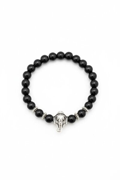 PRVT Black Stone Men's Bracelet with Elephant Figure - Flexible Misinal Desig...
