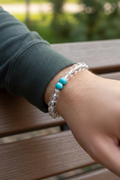 PRVT Transparent Natural Stone Turquoise Detailed Men's Bracelet – Unisex Des...
